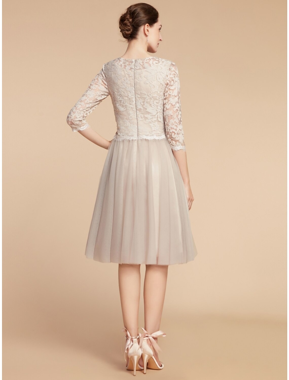 Wholesale A-Line Mother of the Bride Dress Wedding Guest Elegant Petite Jewel Neck Knee Length Lace Tulle Half Sleeve with Pleats Solid Color